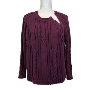 525 America Chunky Cable Knit Sweater with Neck Rivet Detail Burgundy Size Small